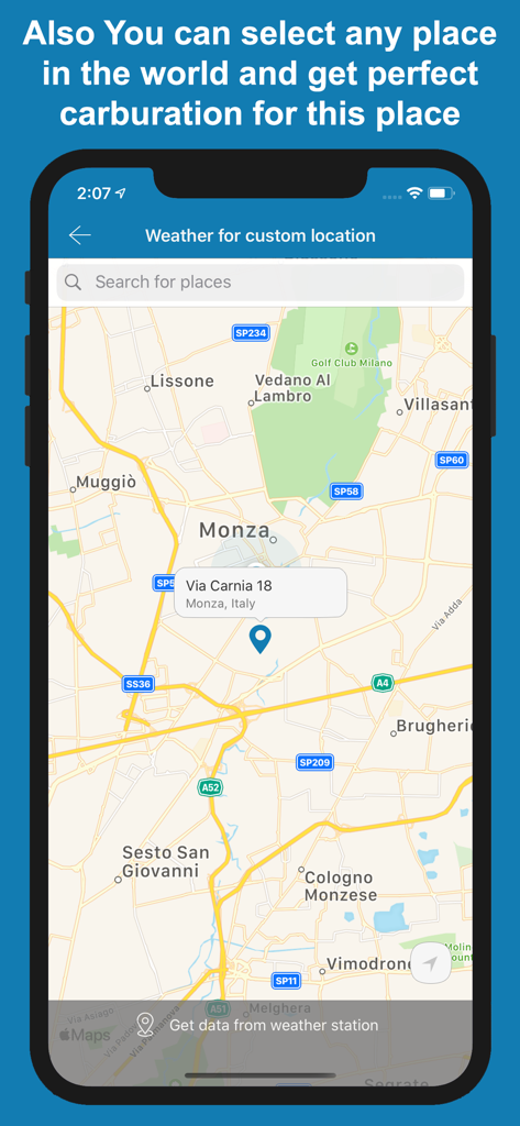 Jetting Sherco 2T Moto Bikes - Pantalla de smartphone que muestra una interfaz de mapa para seleccionar una ubicación personalizada para los datos de carburación de la motocicleta
