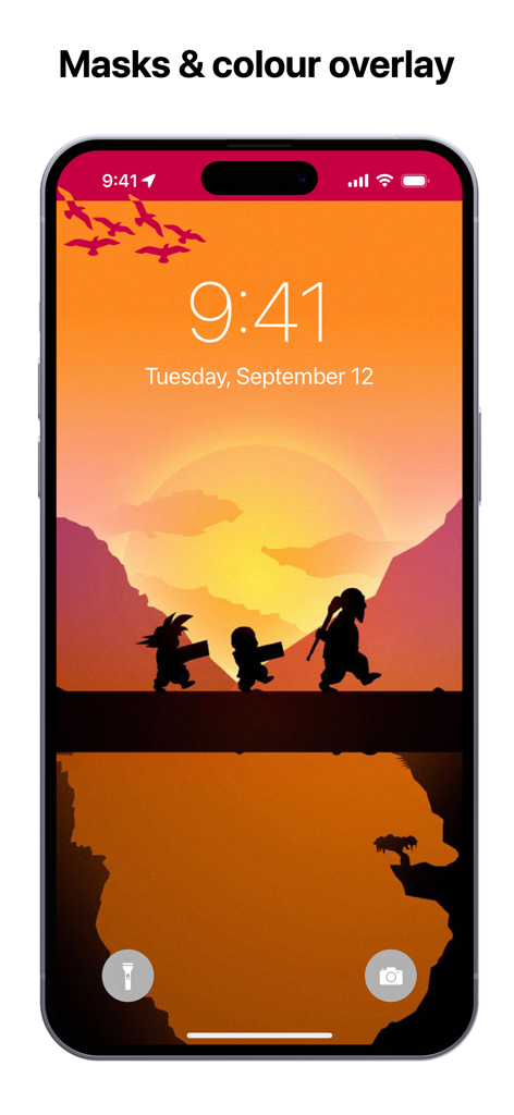 iPhone lock screen showing an anime silhouette sunset wallpaper with a pink color overlay masking the dynamic island
