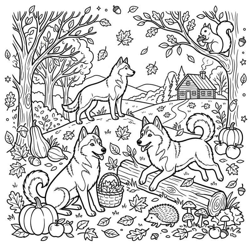 Celebrate the beauty of fall with our charming Siberian Huskies in Autumn coloring page. This delightful scene features playful pups surrounded by vibrant seasonal elements, perfect for bringing the spirit of autumn to life.