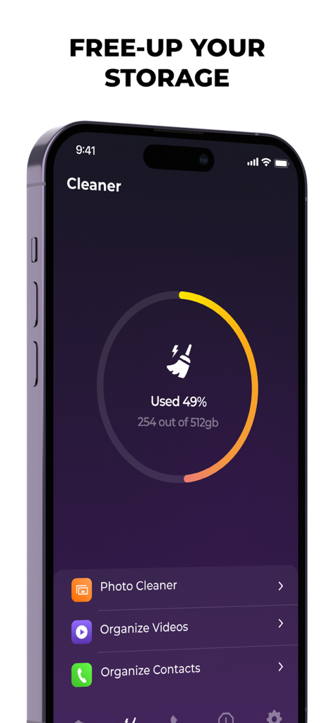 Louna System - VPN & Cleaner - iPhone의 Louna System 앱 인터페이스에 사진, 동영상 및 연락처에 대한 저장 공간 사용량 및 정리 도구가 표시됨