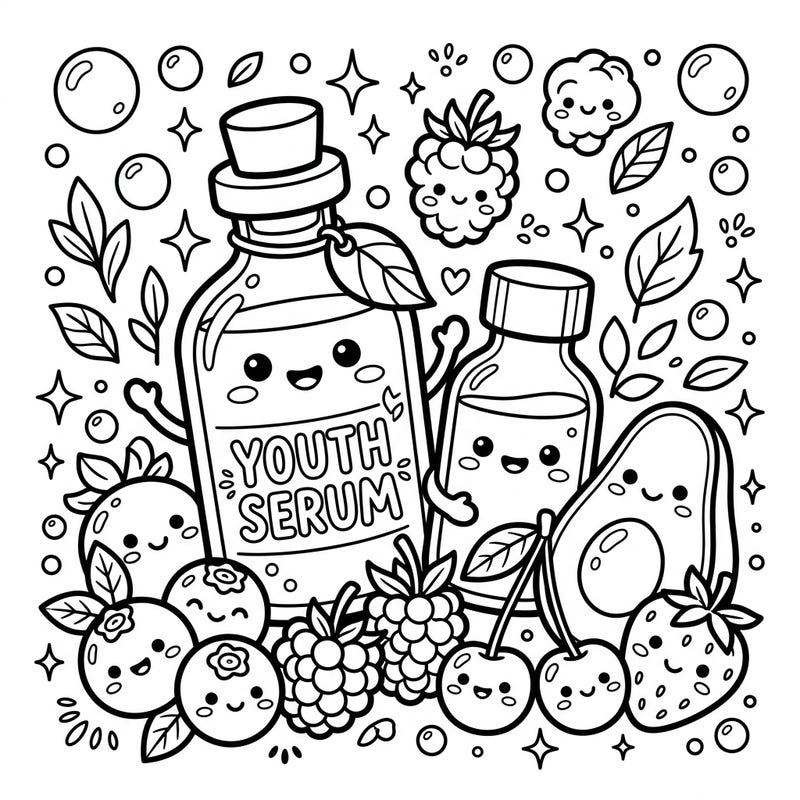 Introduce your child to the world of wellness with this delightful coloring page featuring cute 'Youth Serum' bottles and smiling fruits. Designed for kids aged 4-8, it offers an engaging and imaginative way to explore healthy habits.