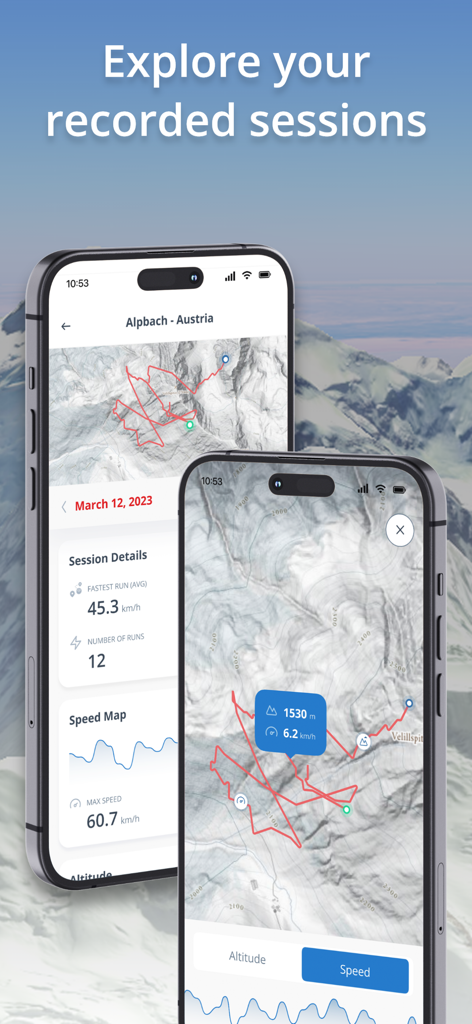 SnowTrack app screens showing recorded ski sessions with detailed maps and speed statistics