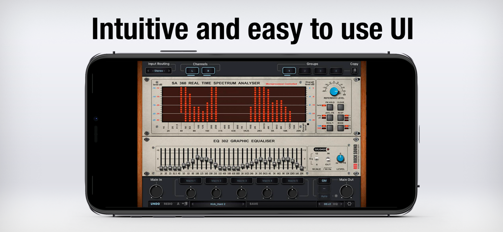 SA60 - SA60 app interface showing a real time spectrum analyzer and graphic equalizer on a mobile phone screen