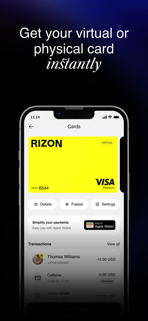 Interfaz de la aplicación RIZON que muestra una tarjeta Visa Platinum virtual de color amarillo brillante con integración de Apple Wallet.