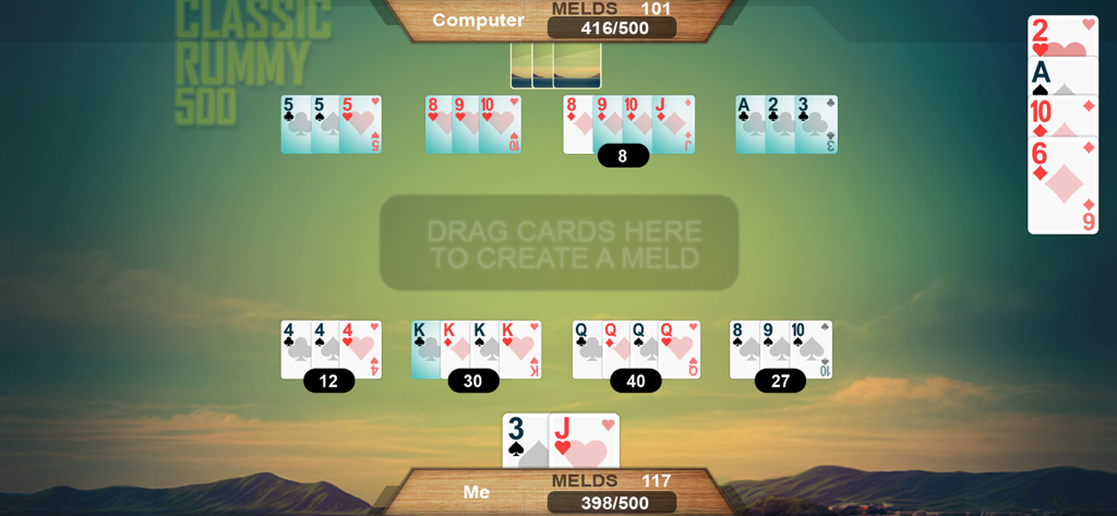 Rummy 500 card offline game - Gameplay-Bildschirm des Rummy 500 Kartenspiels mit Auslegungen und Spielergebnissen gegen Computer-KI.