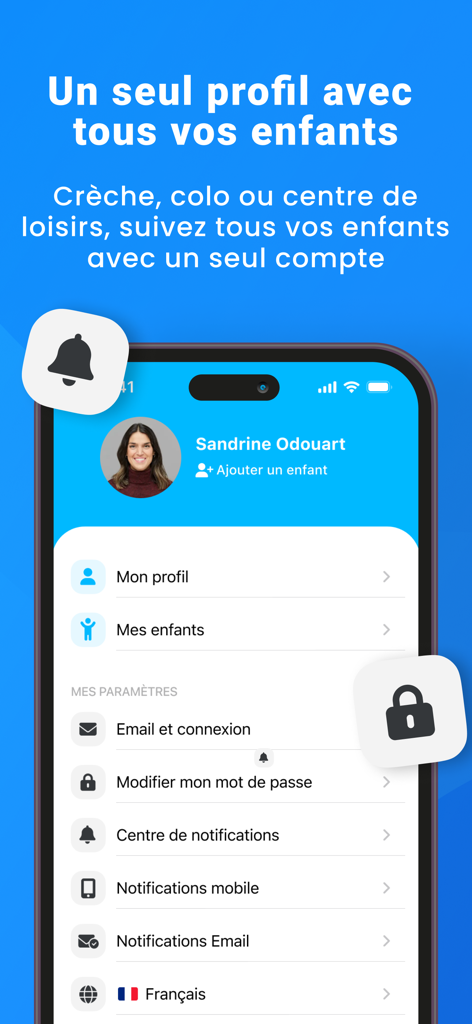 Kidizz - Interface de l'application Kidizz montrant une page de profil parental avec les paramètres de gestion de plusieurs enfants et la sécurité du compte