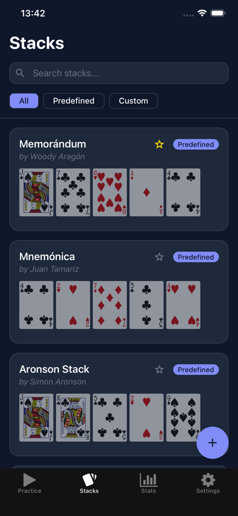Mnemonicosis - Mnemonicosis app screen displaying various card stacks like Mnemonica and Aronson for magic training.