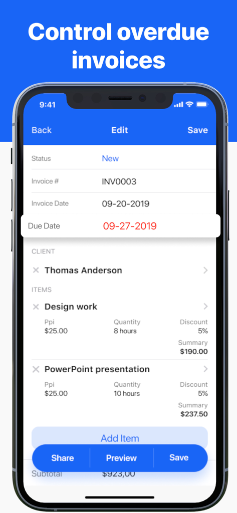 Mobile app interface on an iPhone showing an invoice edit screen with a red due date for tracking overdue payments