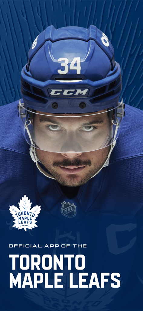 Official splash screen of the Toronto Maple Leafs mobile app featuring a hockey player in team gear