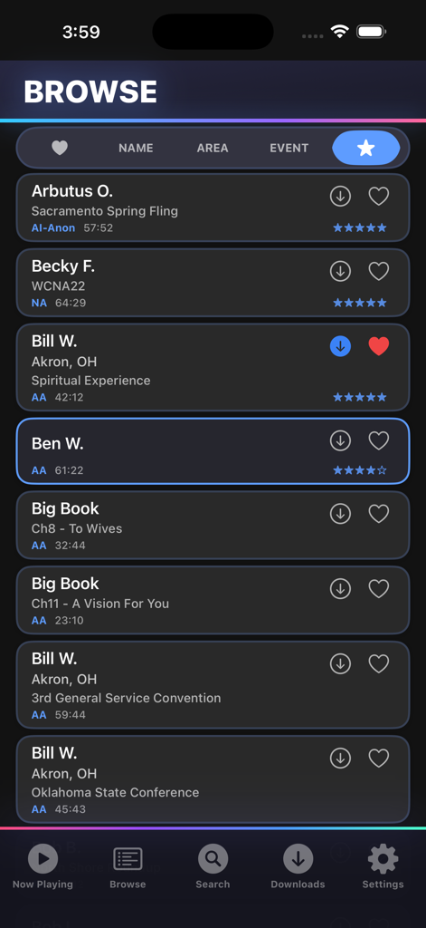 Browse interface of the 12 Steps Speakers app featuring a list of recovery program talks