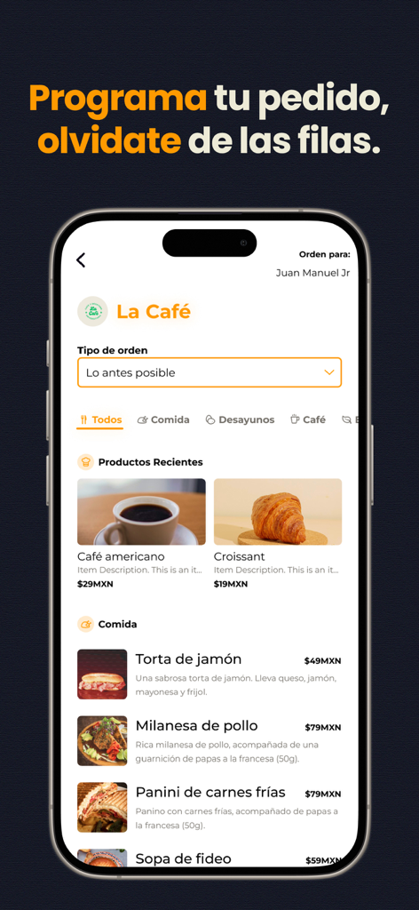 Coco APP - Schermata del menu di Coco APP che mostra le opzioni alimentari e un messaggio 'salta la coda' in spagnolo