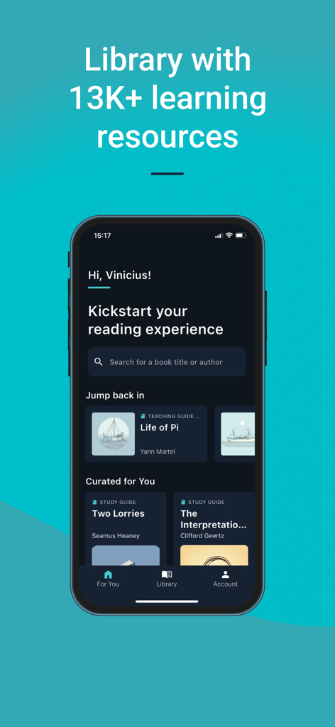 SuperSummary app home screen on an iPhone showing book study guides and a library of over thirteen thousand learning resources.