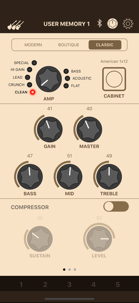 THR Remote app interface featuring digital knobs for guitar amplifier gain master and EQ settings