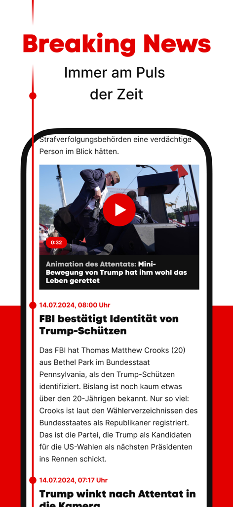 Interface do aplicativo de notícias Blick mostrando um artigo de última hora sobre o FBI identificando o atirador de Trump