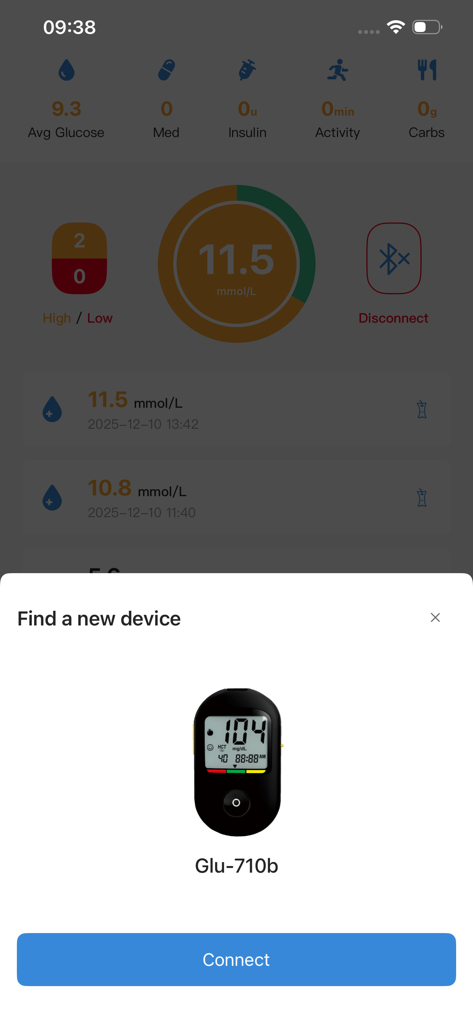 GlucoJoy - GlucoJoy app interface showing a popup to connect a Gluco-710b blood glucose meter via Bluetooth