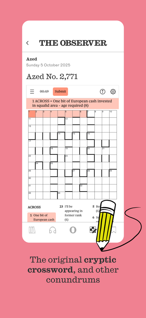 A screen from The Observer app displaying a cryptic crossword puzzle with a digital pencil icon.