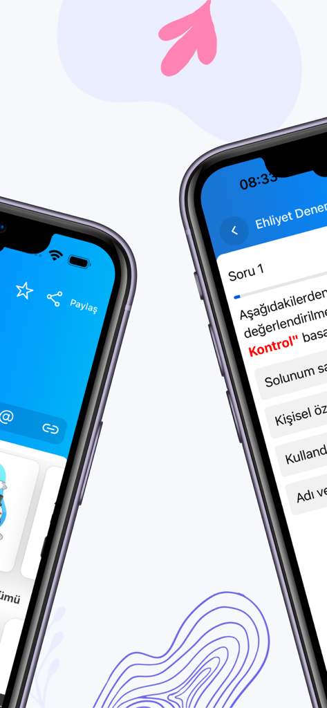 Smartphone screens displaying the Ehliyethane app for Turkish driver's license exam practice