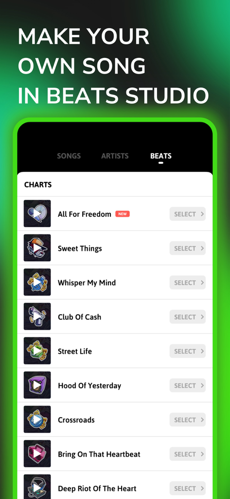 Self Rap - Fame Rapping Studio - Self Rap app interface showing a selection of rap backing tracks and beats in the studio section