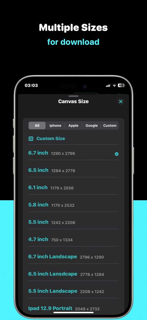 StoreView: App Screenshot Tool - Selección del tamaño del lienzo de StoreView para múltiples capturas de pantalla de dispositivos