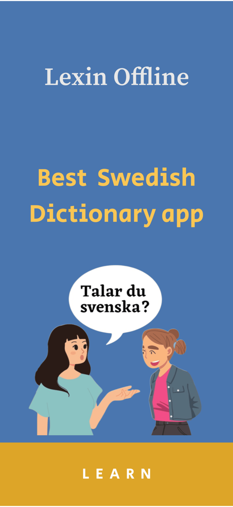 Lexin Offline - Pantalla promocional de la aplicación Lexin Offline, que muestra el texto 'La mejor aplicación de diccionario sueco' y una ilustración de dos personas hablando sueco.