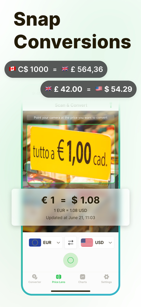 Currency Converter – Moneta - Eine mobile Oberfläche zeigt die Moneta-App, die ein Preisschild scannt, um mit der Price Lens-Kamerafunktion sofort Euro in US-Dollar umzurechnen.