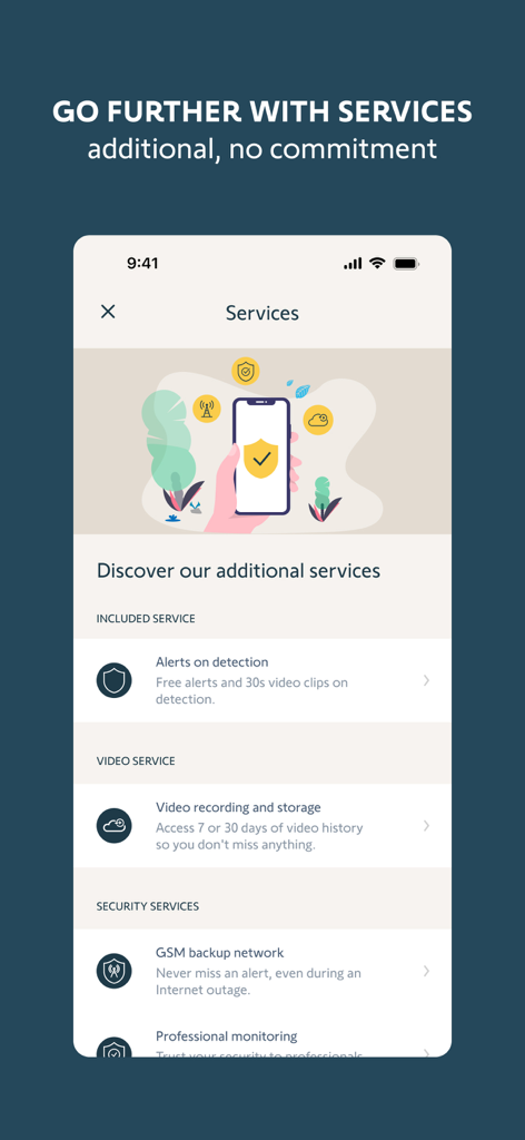 Somfy Protect - Interfaz de la aplicación móvil Somfy Protect mostrando una lista de servicios adicionales que incluyen grabación de vídeo, copia de seguridad GSM y monitorización profesional.