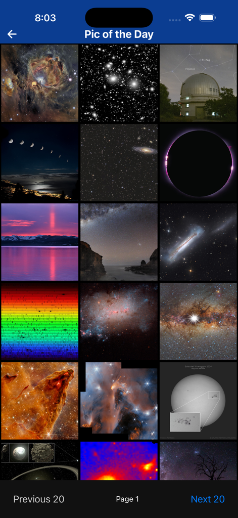 mySpaceHub - A grid display of various space photographs including nebulae, galaxies, and eclipses in the mySpaceHub app gallery.