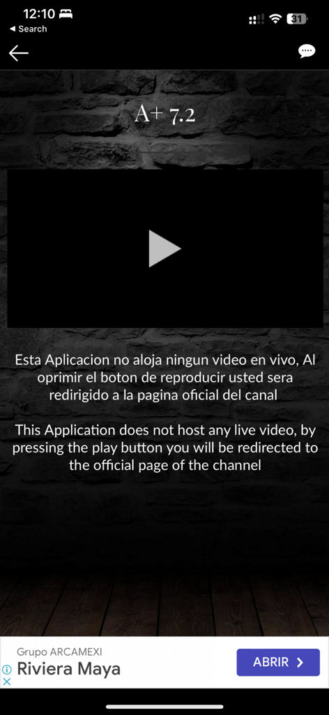 TV México Señal Abierta - Interfaz de la app TV México con un botón de reproducción de video y texto de descargo de responsabilidad sobre el reenvío de canales oficiales