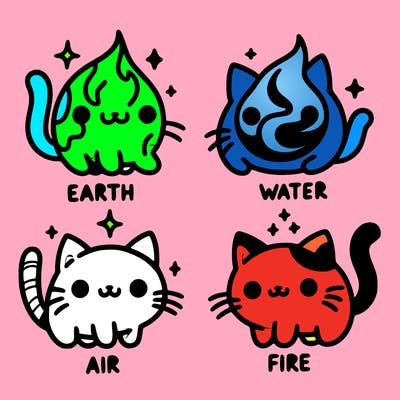 4 cats that represent the different elements, earth, water, air, and fire