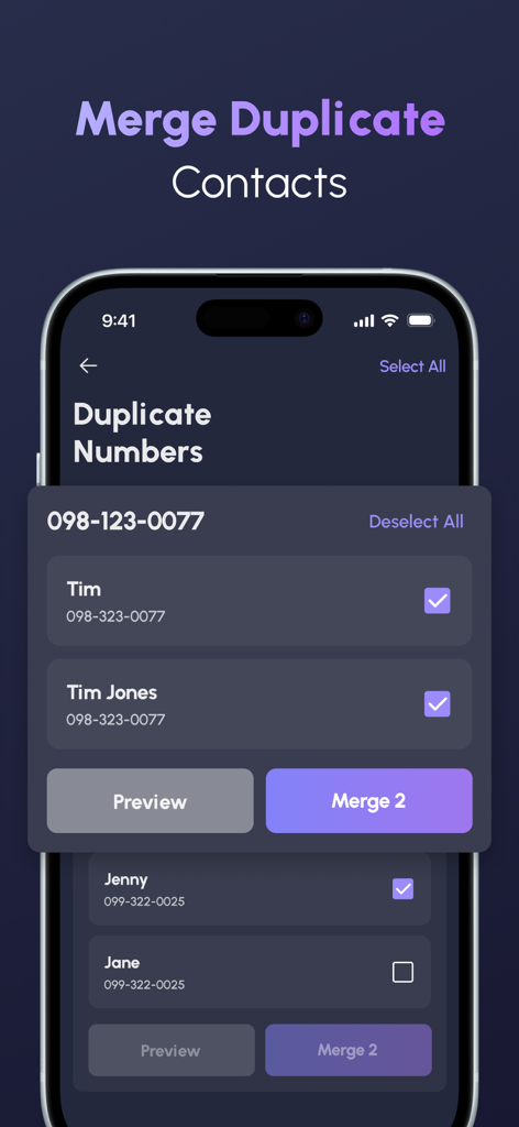 Magic Cleaner-Clean Storage ! - Interfaz de la aplicación Magic Cleaner que muestra cómo fusionar entradas de contactos duplicadas en un iPhone.