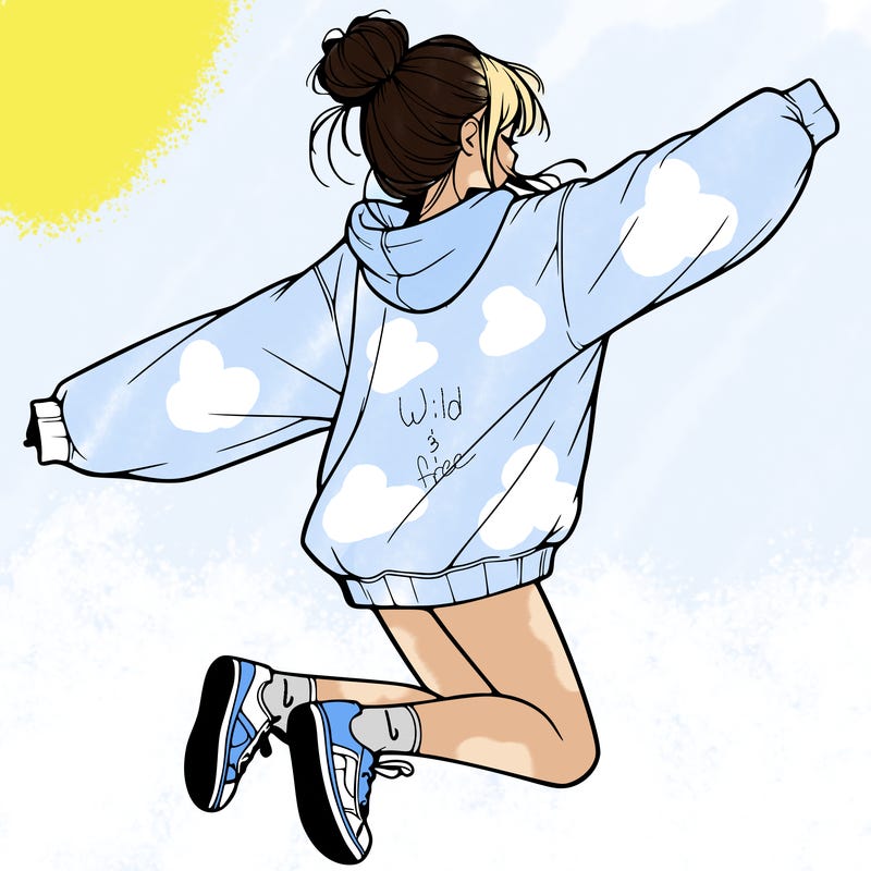 realistic girl jumping with a bun and oversized sweatshirt