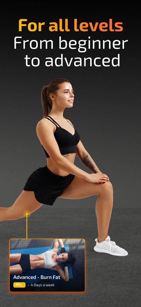 A woman performing a lunge exercise with text indicating workouts for all levels from beginner to advanced.