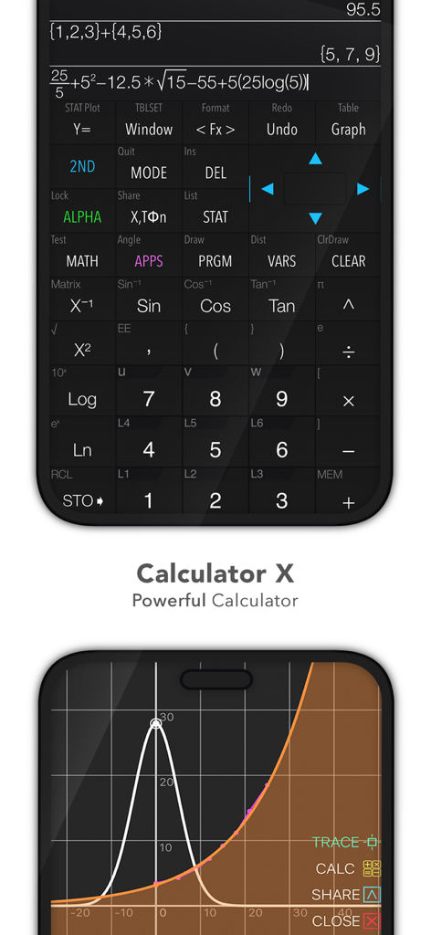 Screenshot der Graphing Calculator X84 App-Oberfläche mit komplexen Gleichungen und einem 2D-Funktionsgraphen