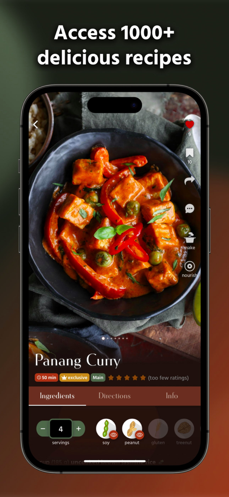 Pick Up Limes - A vegan Panang Curry recipe displayed on the Pick Up Limes app with ingredients and dietary icons.