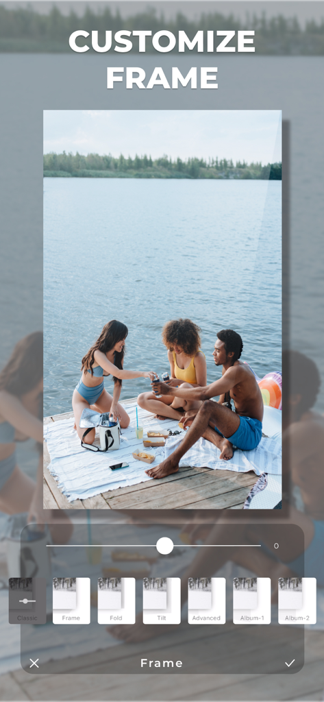 LUMINS - Light Photo Editor - LUMINS app user interface showing the customize frame feature for a photo of friends by a lake