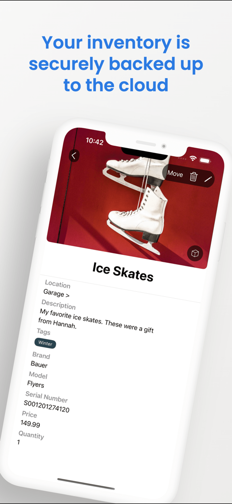 HouseBook - Home Inventory - HouseBook home inventory app interface showing a detailed item entry for ice skates with cloud backup confirmation