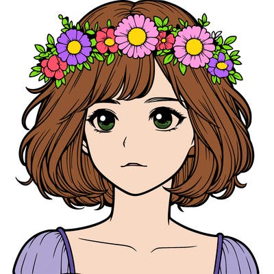 realistic girl with short hair and flower crown