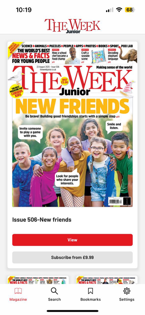 The Week Junior - Digital magazine cover of The Week Junior titled New Friends featuring a diverse group of smiling children.
