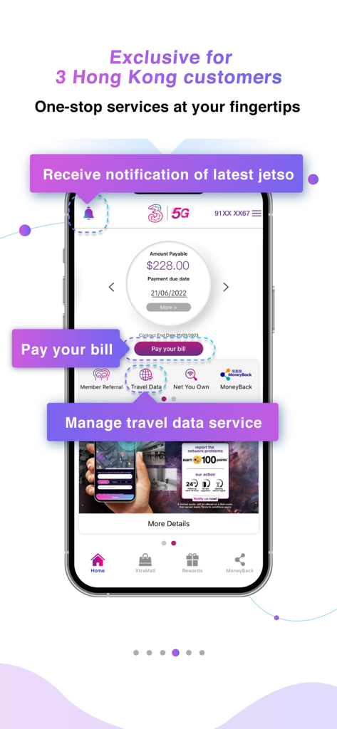 My3 - A smartphone screen displaying the My3 app interface with options for bill payment travel data management and notifications for 3 Hong Kong customers