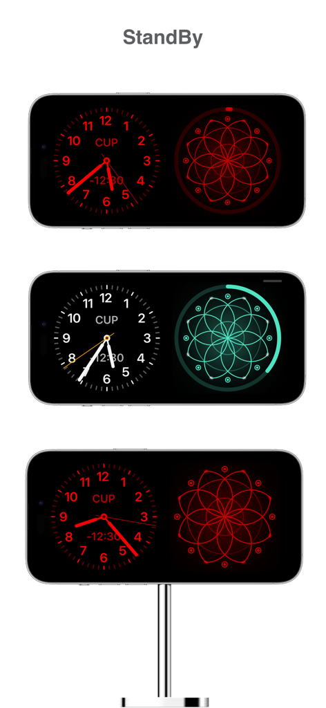 Meditate - Mindfulness app - Meditate app interface in iPhone StandBy mode featuring the Mandala and clock widgets.