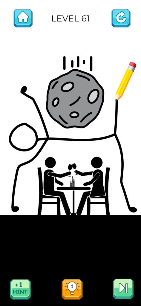 Une capture d'écran de Save The Stickman Draw 2 Save montrant une ligne dessinée pour protéger un couple de bonshommes d'une roche qui tombe