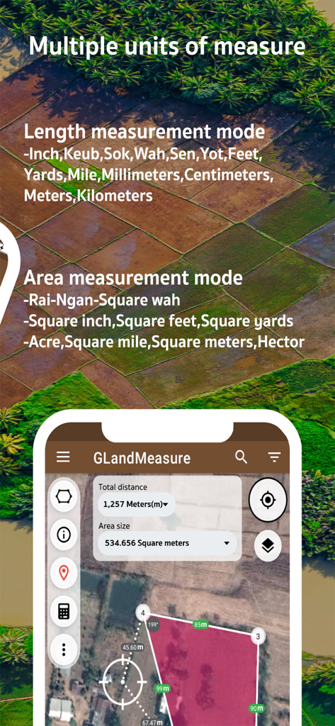GLand: GPS Field Area Measure - GLand app screenshot showing multiple units of length and area measurement on a satellite map