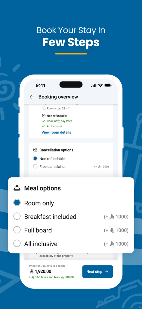 Selecting meal options and viewing booking overview on the MacQueen hotel app interface