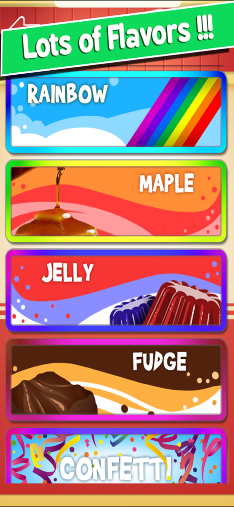 A colorful menu screen in the Donut Games app showing different flavor options like rainbow maple jelly fudge and confetti
