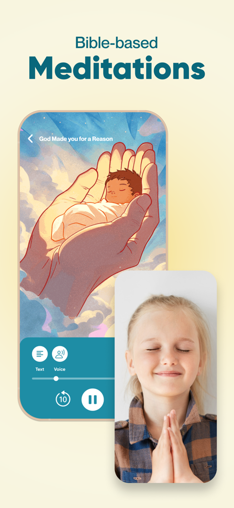 Theo: Prayer & Meditation - Una niña rezando con una meditación bíblica de la aplicación Theo