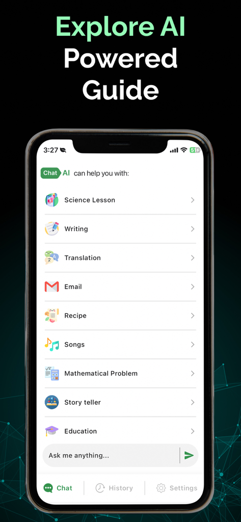 AI Chat: Smart AI Assistant - A smartphone screen showing the AI Chat app menu with options for writing translation email and math help