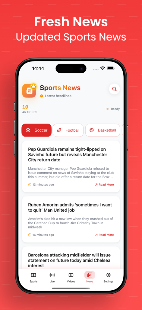Hola Sports – Live Football - Hola Sports mobile app interface showing updated soccer news headlines and articles.