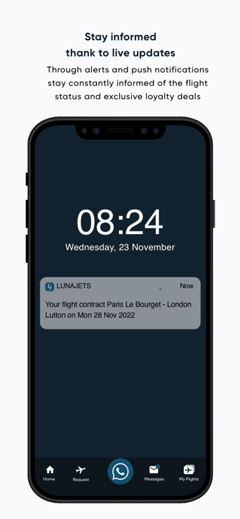 LunaJets Smartphone-App-Bildschirm mit einer Push-Benachrichtigung für eine Aktualisierung des Privatjet-Flugvertrags.