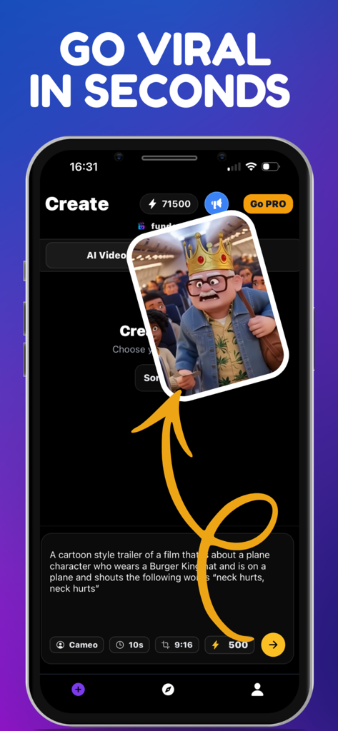 AI Video Generator app interface showing a cartoon video being created from a text prompt to go viral in seconds