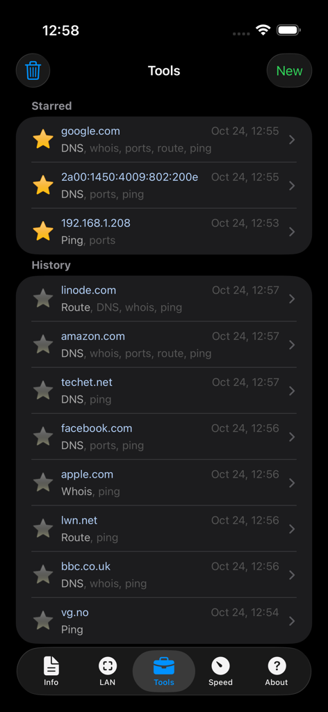 Network Analyzer Pro - Interface do aplicativo Network Analyzer Pro mostrando o histórico e a lista de favoritos de ferramentas de diagnóstico de rede.
